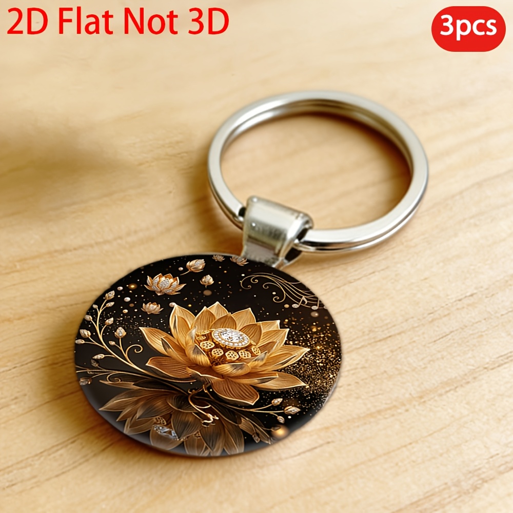 Dazzling Golden Lotus Themed Keychain, 3pcs Set